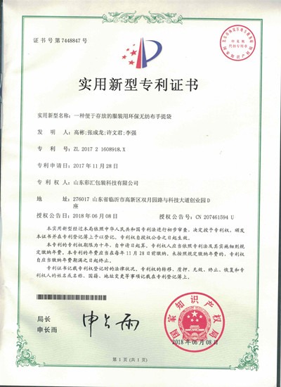 山東彩匯包裝科技有限公司專利證書3